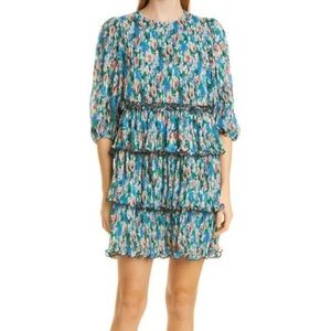 Ganni Floral Layered Plisse Georgette Dress in Floral Azure Blue sz 36
